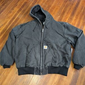 Vintage 90’s Men’s Faded Black Quilted Carhartt Hooded Canvas Jacket Size XL?